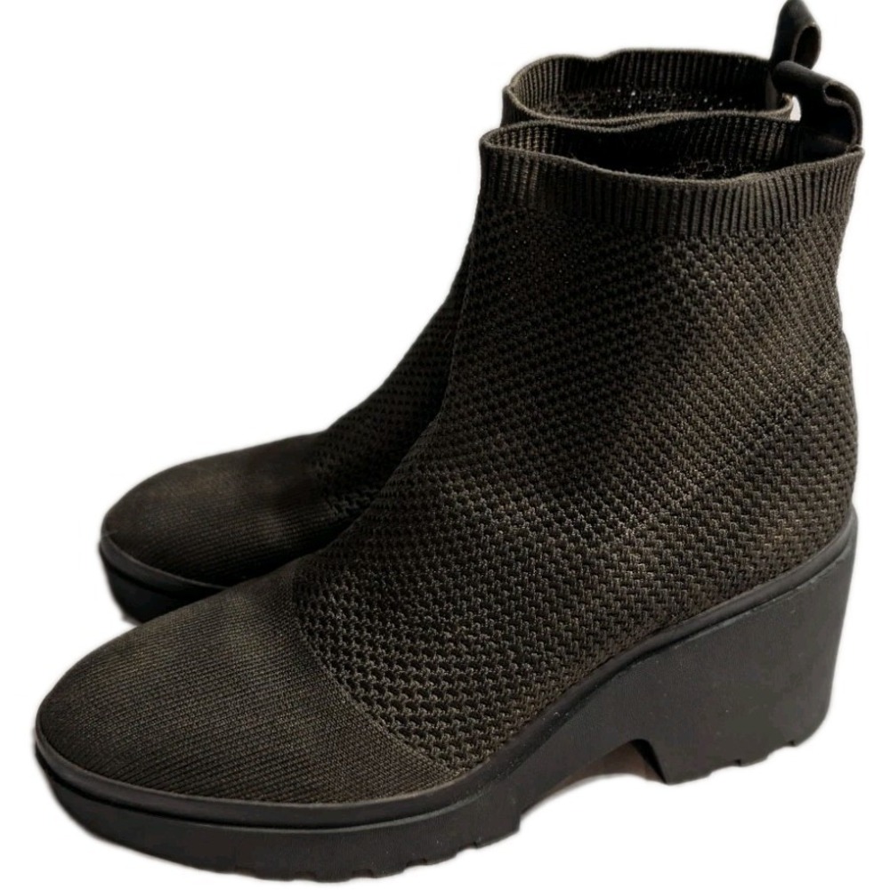 Eileen Fisher Knit Sock Ankle Boots‎ Womens 9.5 Charcoal Bronze Lug Sole Wedge